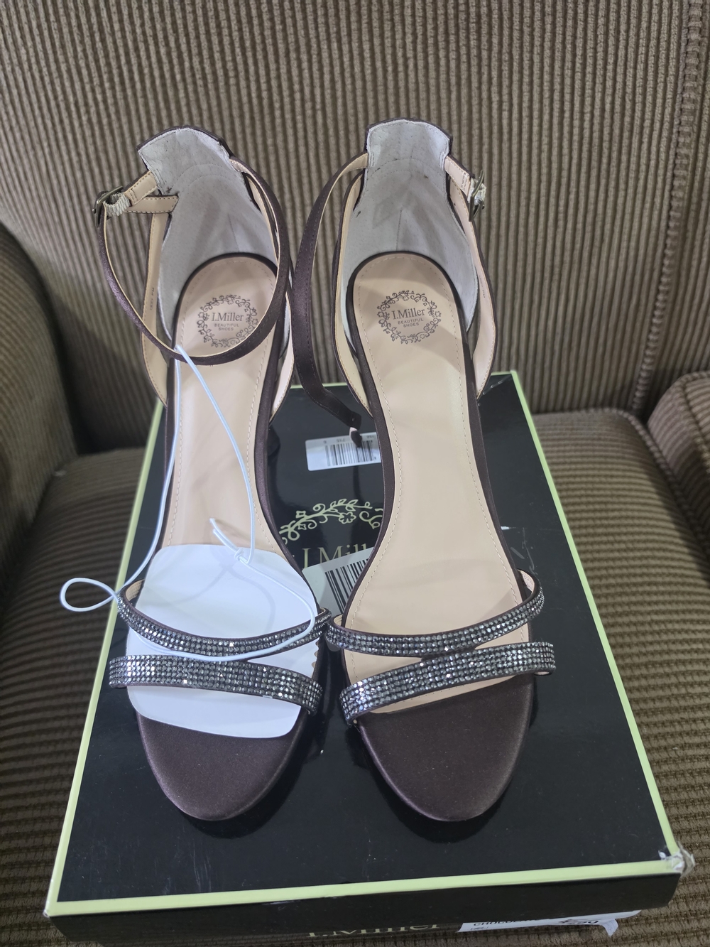 I. Miller Espresso Satin Crystal Strappy Heeled Sandals